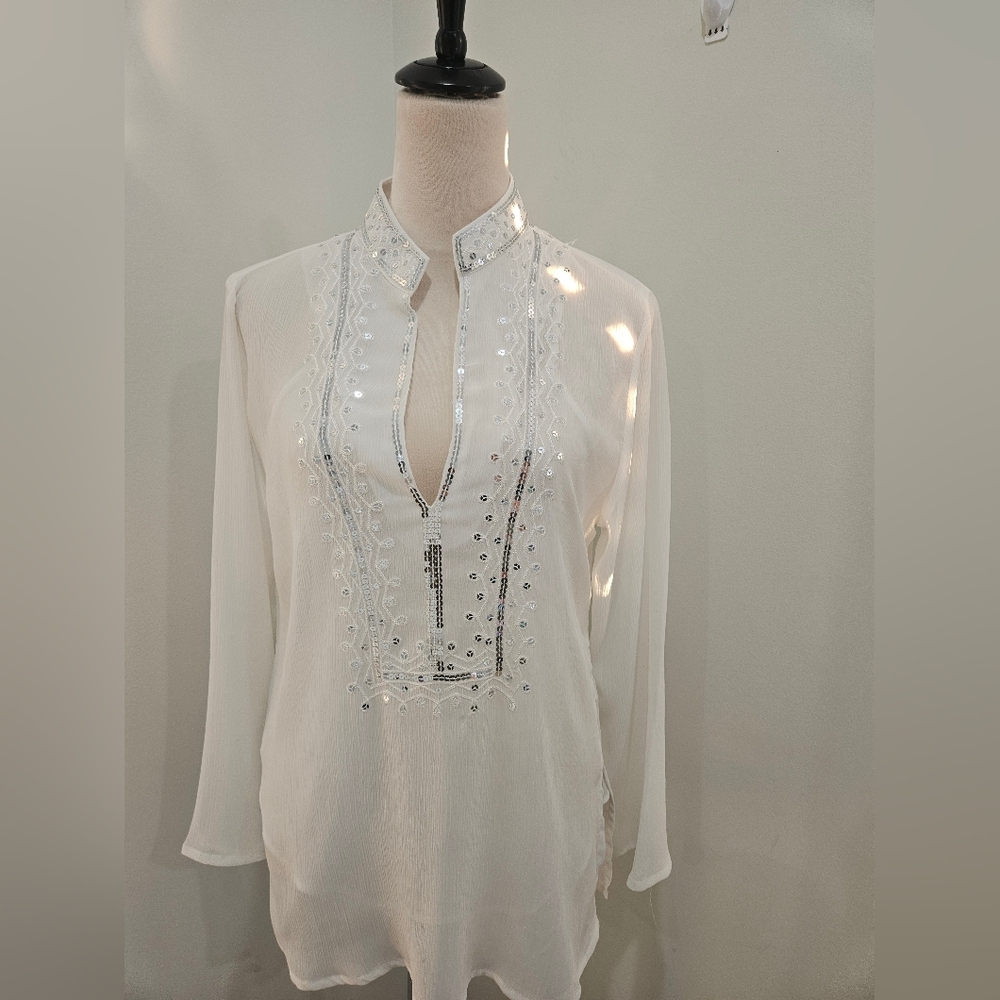 Nine Ty White Sheer Sequin Embellished Tunic Blouse w/ Cami Size M